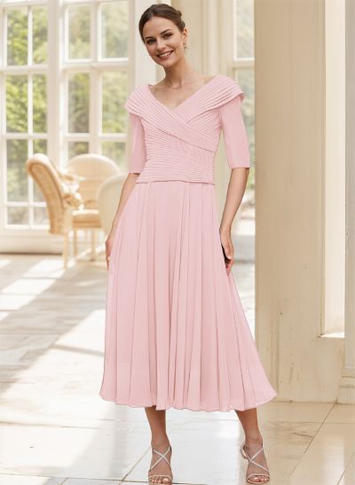 A-Line V-Neck 1/2 Sleeves Tea-Length Chiffon Mother Of The Bride Dresses With Pleated