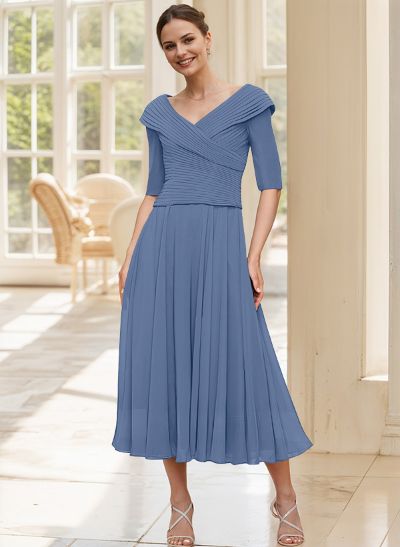 A-Line V-Neck 1/2 Sleeves Tea-Length Chiffon Mother Of The Bride Dresses With Pleated