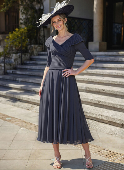 A-Line V-Neck 1/2 Sleeves Tea-Length Chiffon Mother Of The Bride Dresses With Pleated