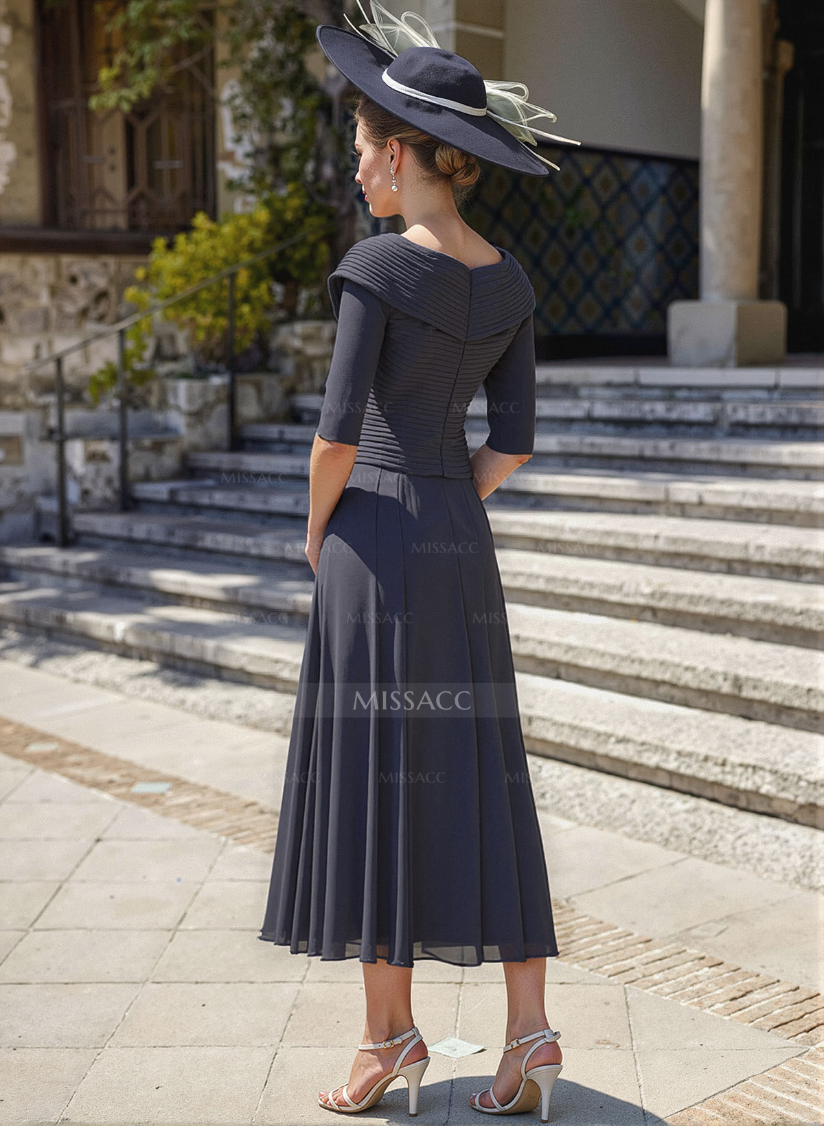 A-Line V-Neck 1/2 Sleeves Tea-Length Chiffon Mother Of The Bride Dresses With Pleated