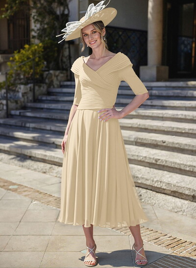 A-Line V-Neck 1/2 Sleeves Tea-Length Chiffon Mother Of The Bride Dresses With Pleated
