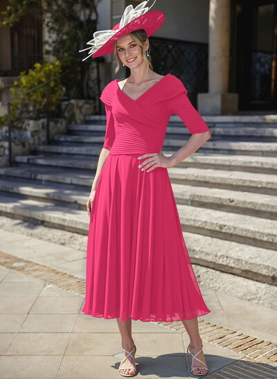 A-Line V-Neck 1/2 Sleeves Tea-Length Chiffon Mother Of The Bride Dresses With Pleated