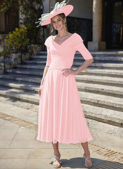 A-Line V-Neck 1/2 Sleeves Tea-Length Chiffon Mother Of The Bride Dresses With Pleated