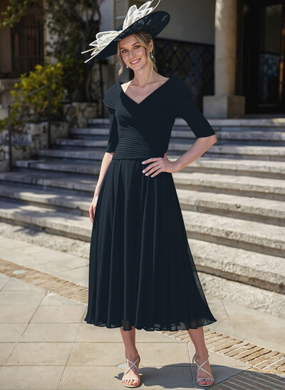 A-Line V-Neck 1/2 Sleeves Tea-Length Chiffon Mother Of The Bride Dresses With Pleated