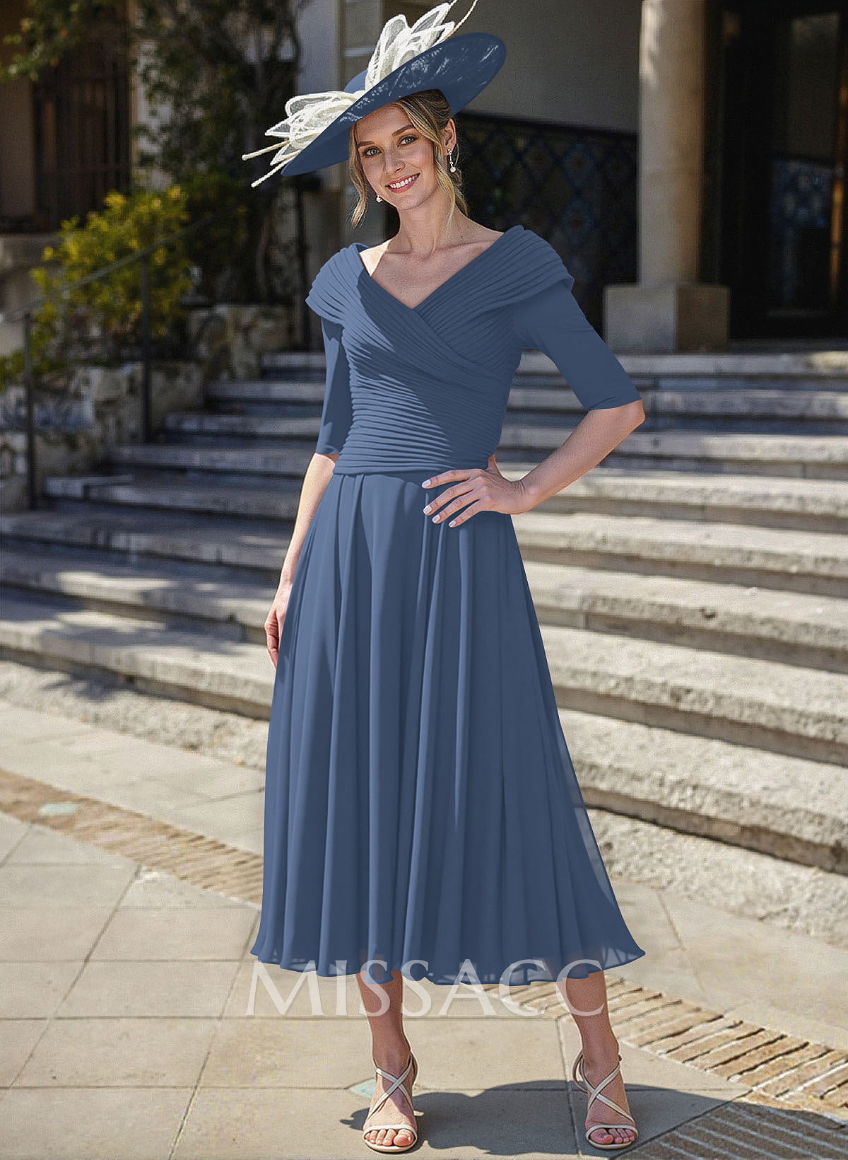 A-Line V-Neck 1/2 Sleeves Tea-Length Chiffon Mother Of The Bride Dresses With Pleated