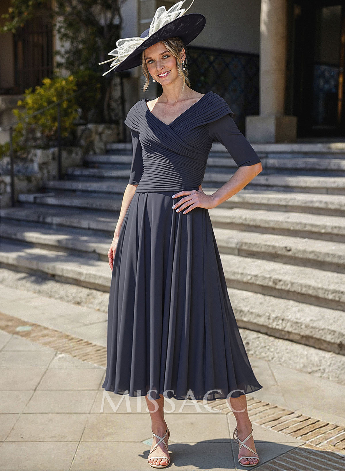 A-Line V-Neck 1/2 Sleeves Tea-Length Chiffon Mother Of The Bride Dresses With Pleated