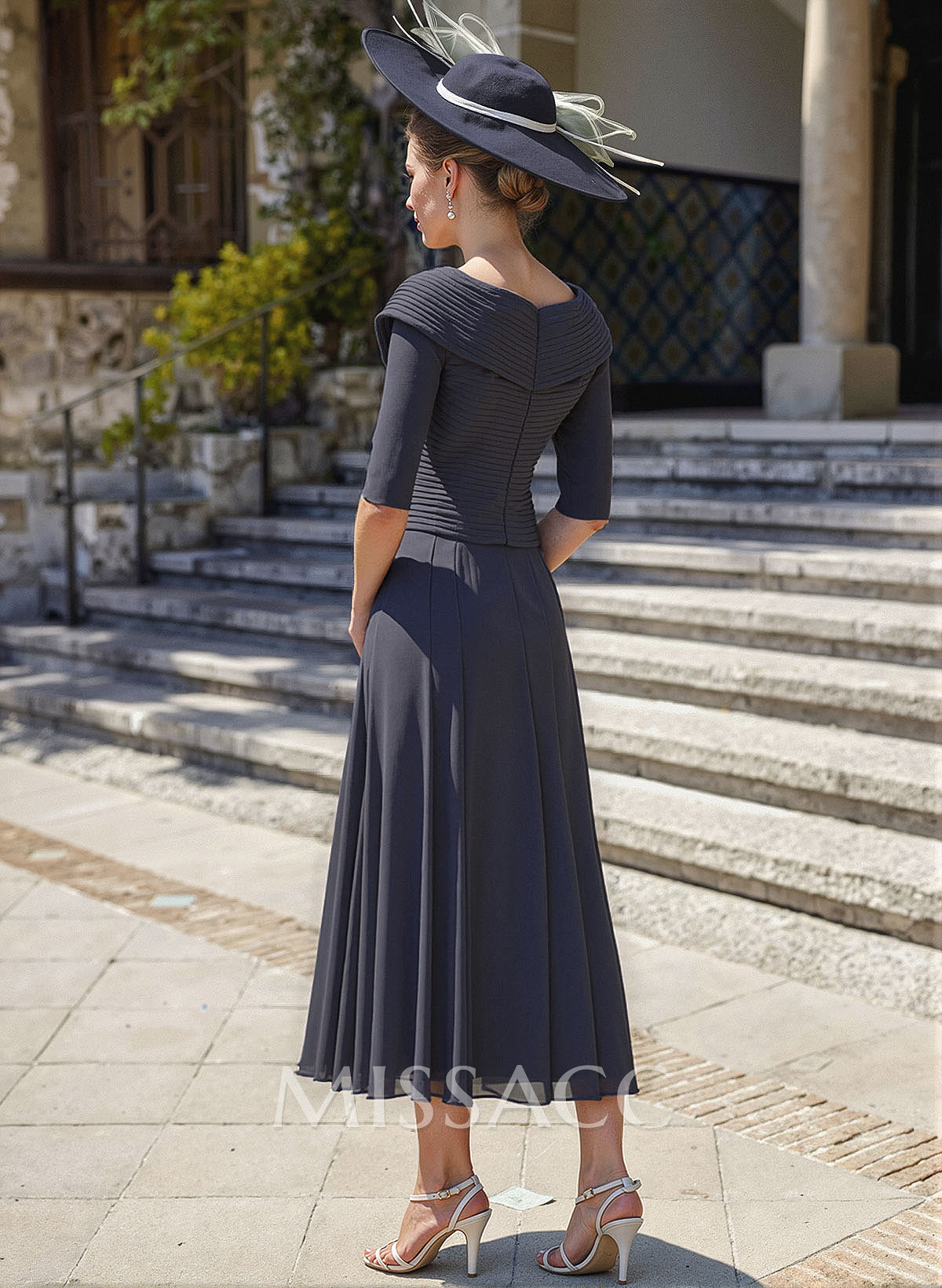 A-Line V-Neck 1/2 Sleeves Tea-Length Chiffon Mother Of The Bride Dresses With Pleated