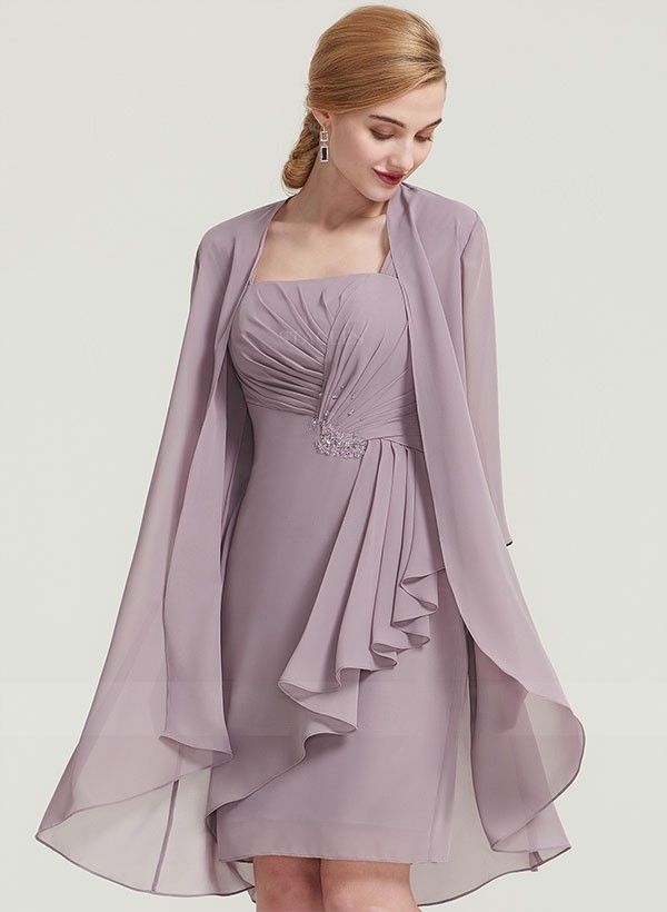 Sheath/Column Square Neckline 3/4 Sleeves Knee-Length Chiffon Mother Of The Bride Dresses With Pleated