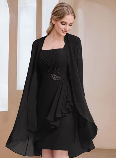 Sheath/Column Square Neckline 3/4 Sleeves Knee-Length Chiffon Mother Of The Bride Dresses With Pleated