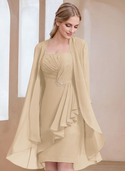 Sheath/Column Square Neckline 3/4 Sleeves Knee-Length Chiffon Mother Of The Bride Dresses With Pleated