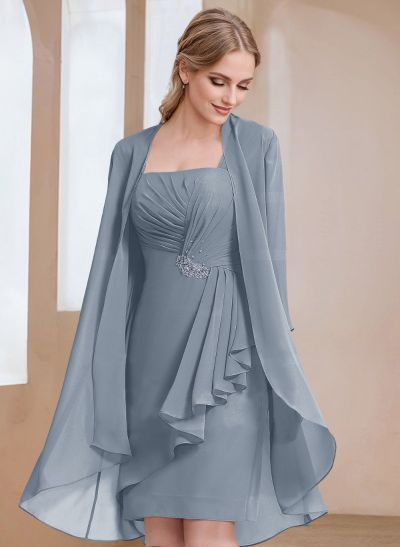 Sheath/Column Square Neckline 3/4 Sleeves Knee-Length Chiffon Mother Of The Bride Dresses With Pleated