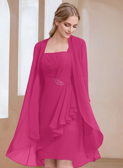 Sheath/Column Square Neckline 3/4 Sleeves Knee-Length Chiffon Mother Of The Bride Dresses With Pleated