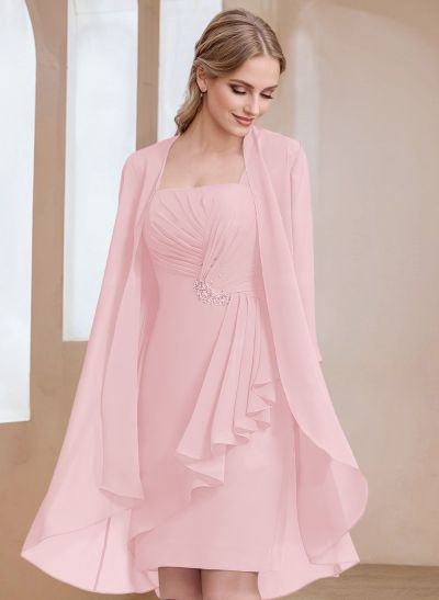Sheath/Column Square Neckline 3/4 Sleeves Knee-Length Chiffon Mother Of The Bride Dresses With Pleated