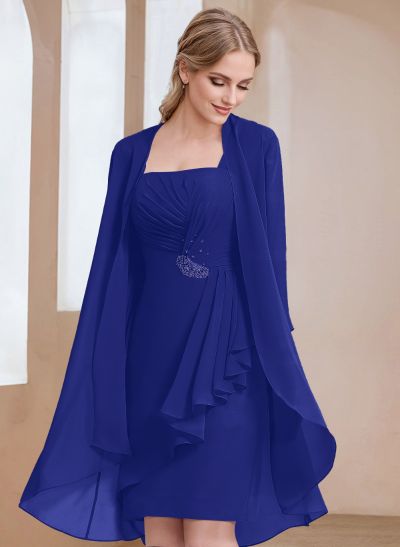 Sheath/Column Square Neckline 3/4 Sleeves Knee-Length Chiffon Mother Of The Bride Dresses With Pleated