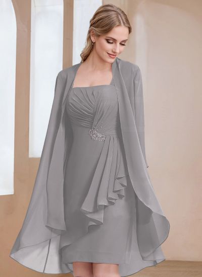 Sheath/Column Square Neckline 3/4 Sleeves Knee-Length Chiffon Mother Of The Bride Dresses With Pleated