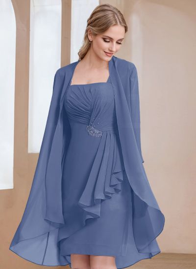 Sheath/Column Square Neckline 3/4 Sleeves Knee-Length Chiffon Mother Of The Bride Dresses With Pleated