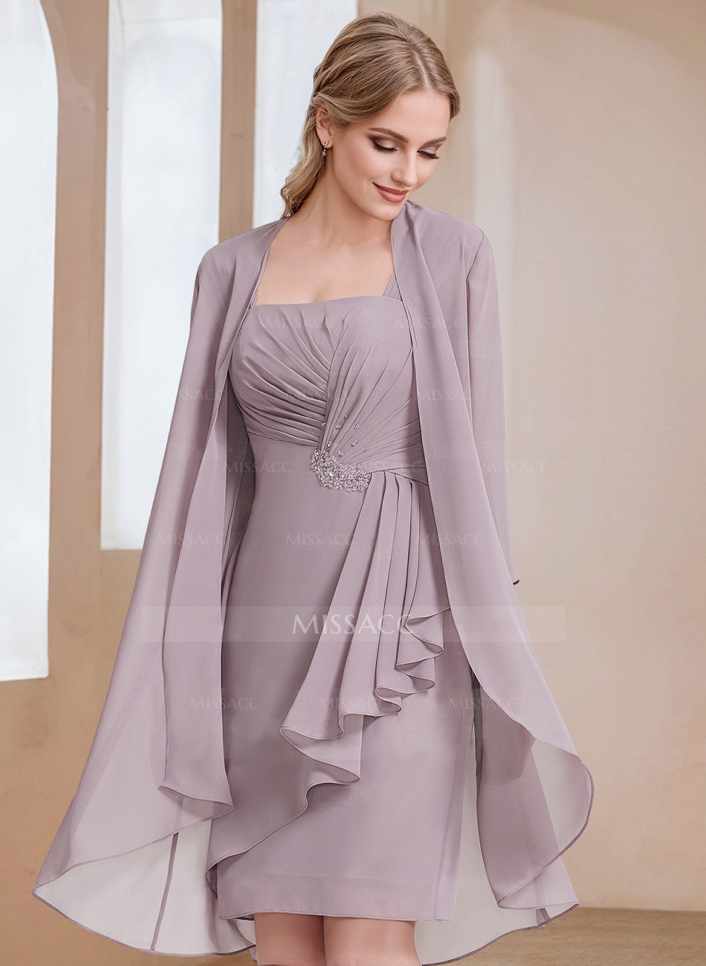 Sheath/Column Square Neckline 3/4 Sleeves Knee-Length Chiffon Mother Of The Bride Dresses With Pleated