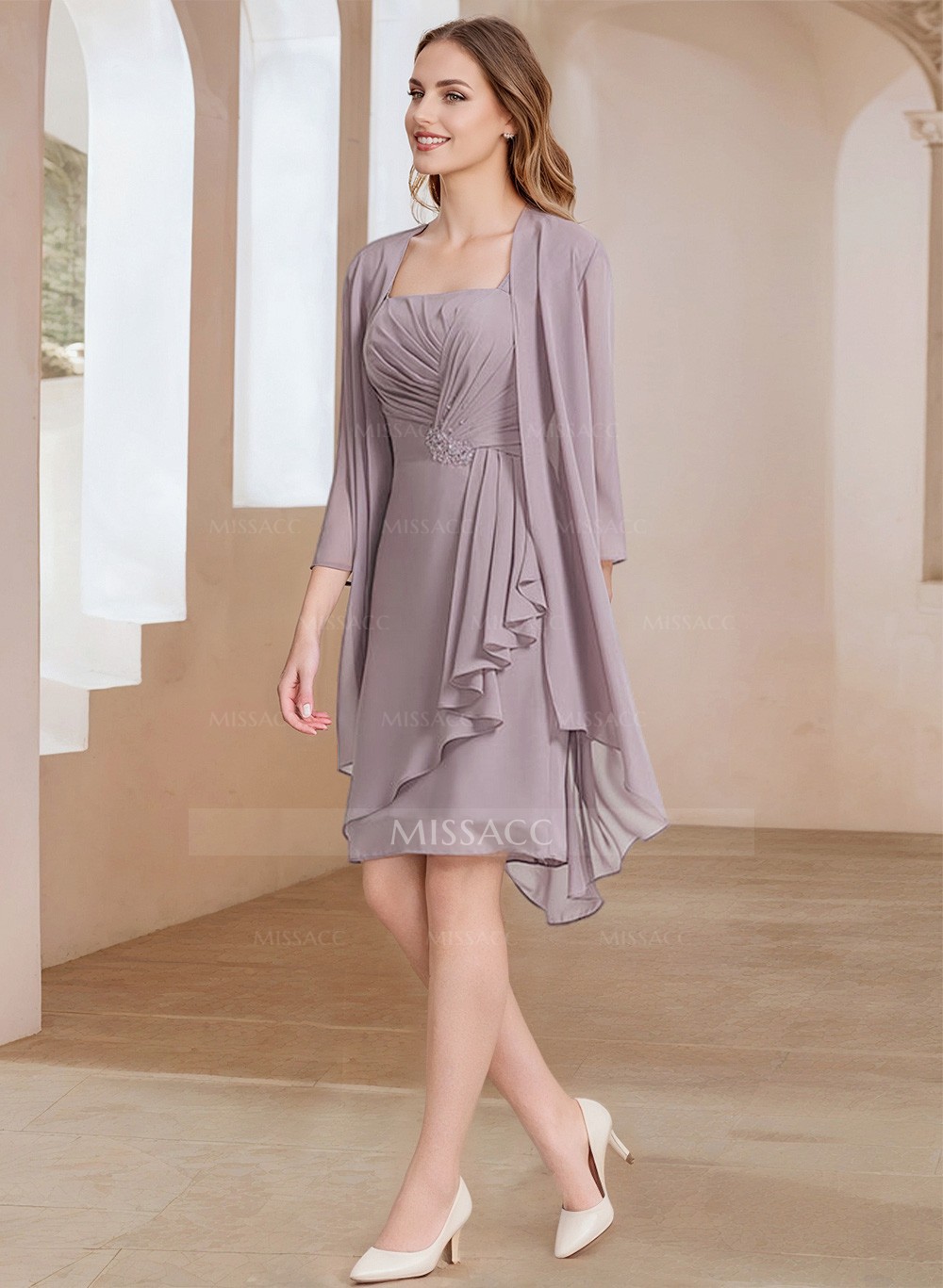 Sheath/Column Square Neckline 3/4 Sleeves Knee-Length Chiffon Mother Of The Bride Dresses With Pleated