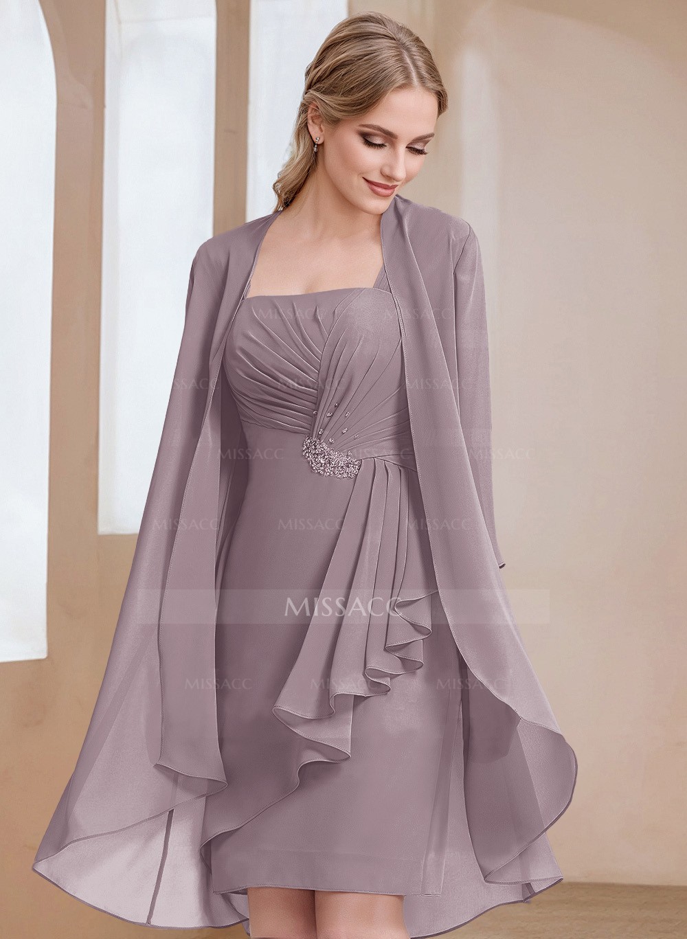 Sheath/Column Square Neckline 3/4 Sleeves Knee-Length Chiffon Mother Of The Bride Dresses With Pleated