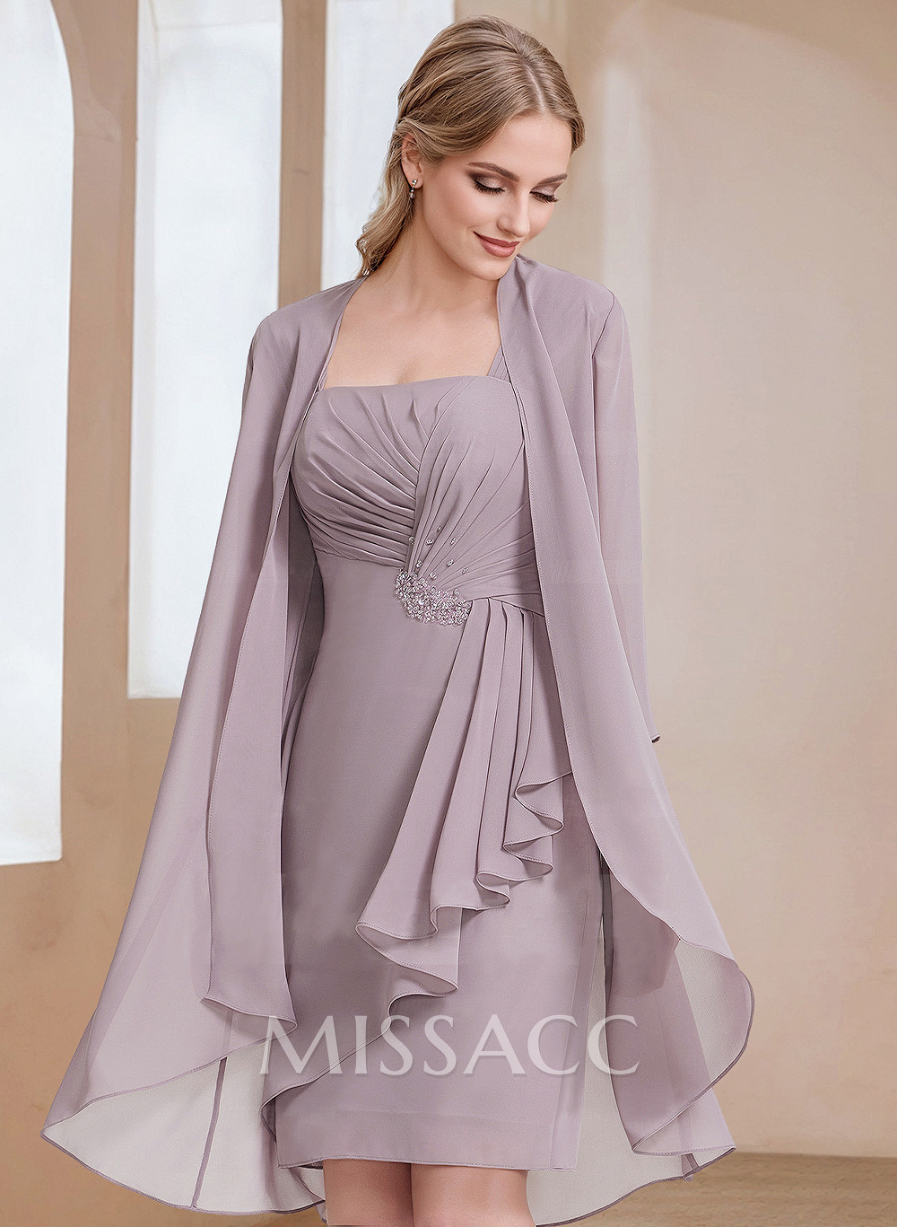 Sheath/Column Square Neckline 3/4 Sleeves Knee-Length Chiffon Mother Of The Bride Dresses With Pleated