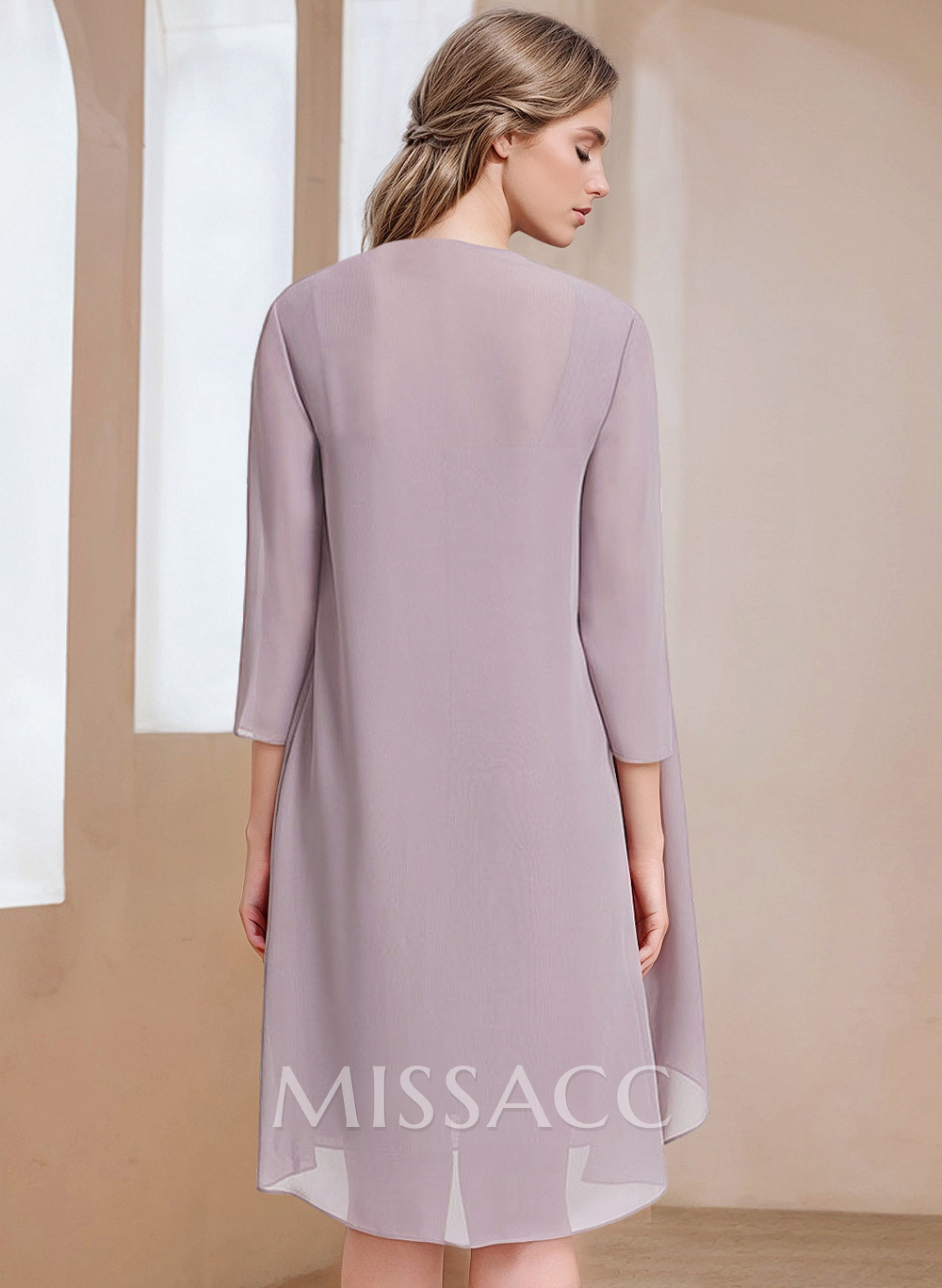 Sheath/Column Square Neckline 3/4 Sleeves Knee-Length Chiffon Mother Of The Bride Dresses With Pleated