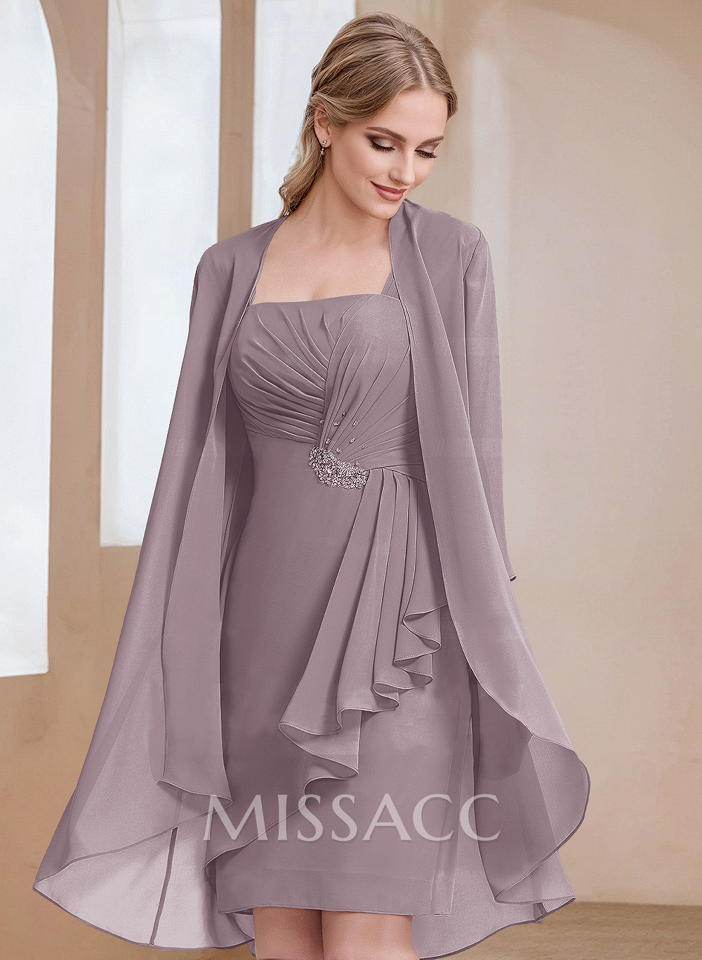 Sheath/Column Square Neckline 3/4 Sleeves Knee-Length Chiffon Mother Of The Bride Dresses With Pleated