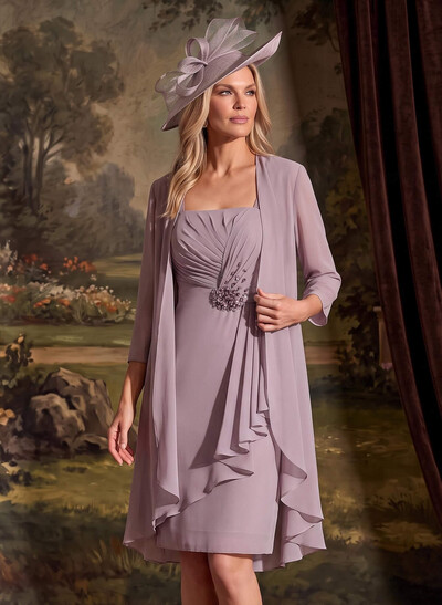Sheath/Column Square Neckline 3/4 Sleeves Knee-Length Chiffon Mother Of The Bride Dresses With Pleated