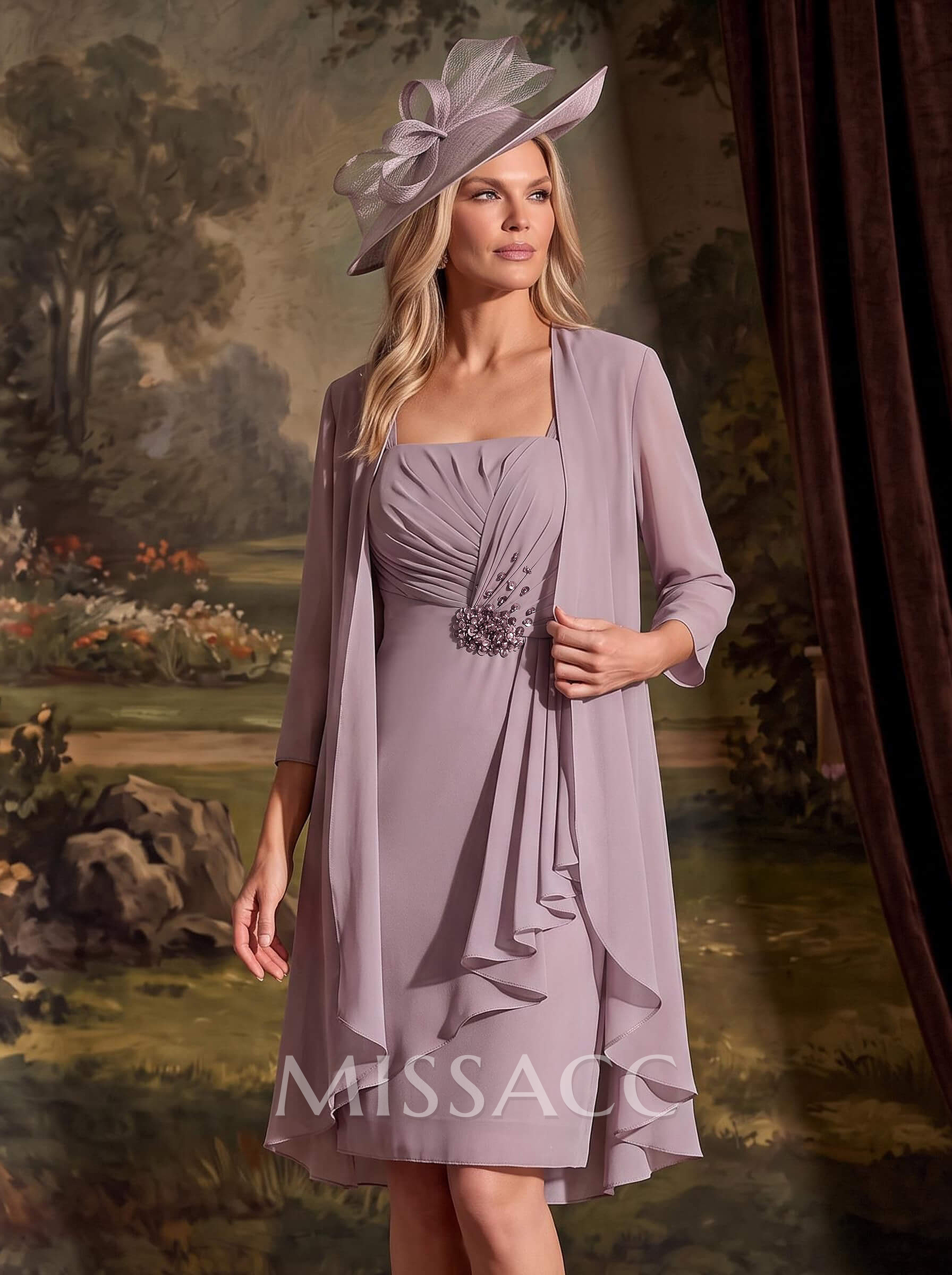 Sheath/Column Square Neckline 3/4 Sleeves Knee-Length Chiffon Mother Of The Bride Dresses With Pleated
