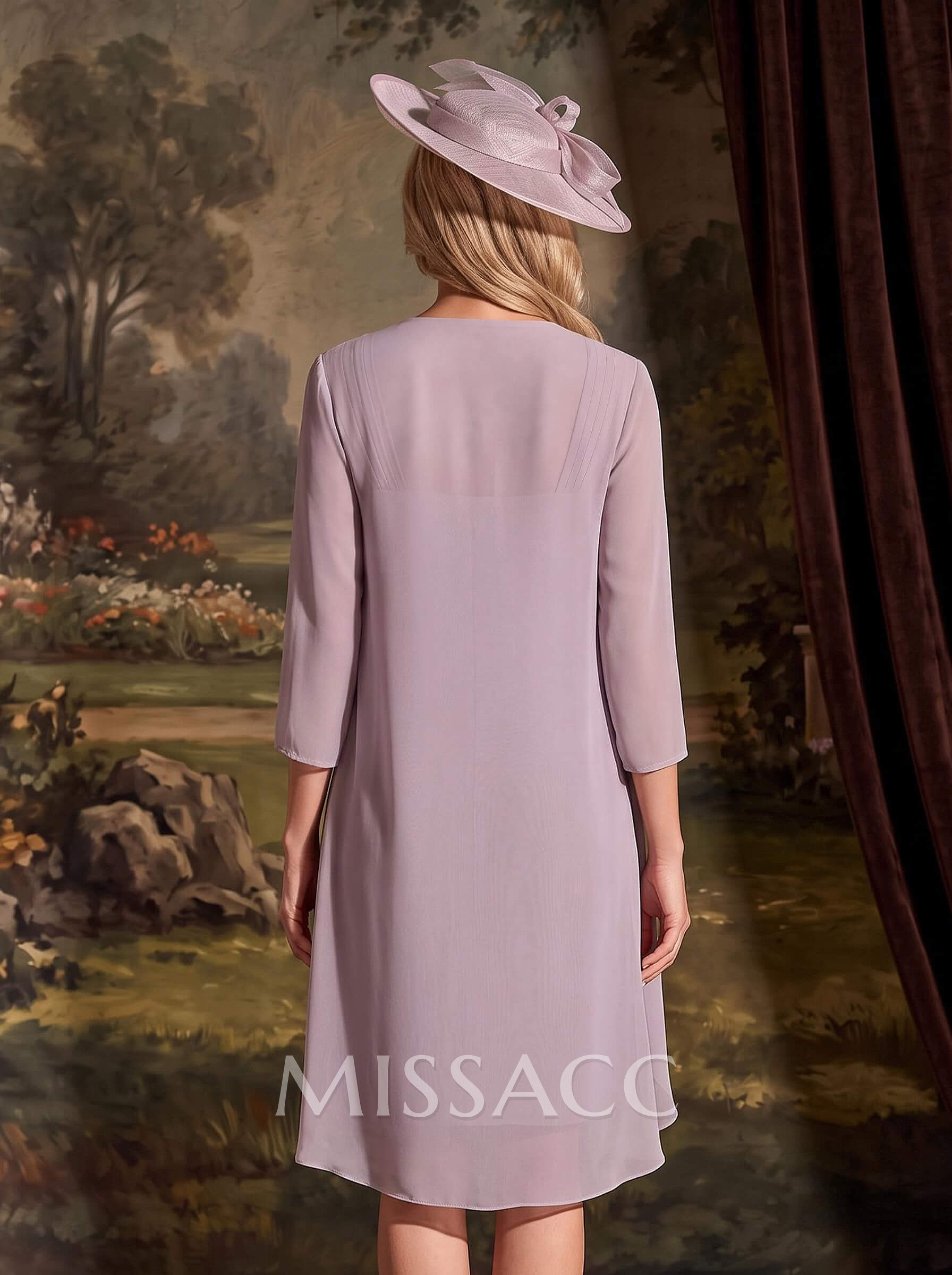 Sheath/Column Square Neckline 3/4 Sleeves Knee-Length Chiffon Mother Of The Bride Dresses With Pleated