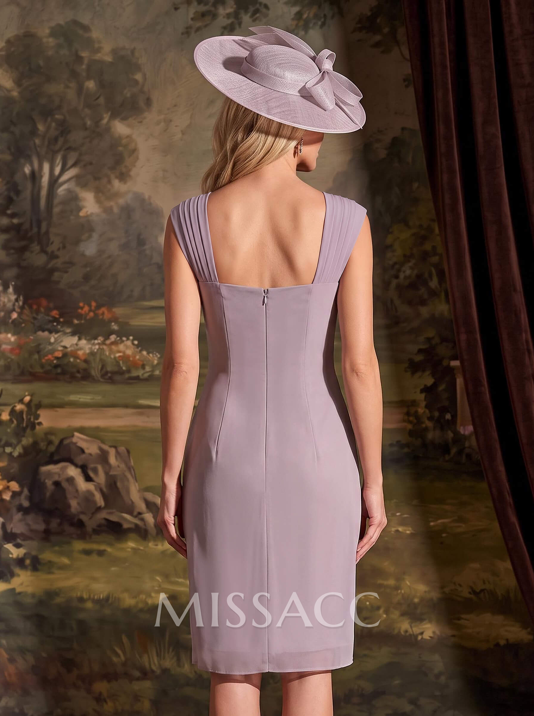 Sheath/Column Square Neckline 3/4 Sleeves Knee-Length Chiffon Mother Of The Bride Dresses With Pleated
