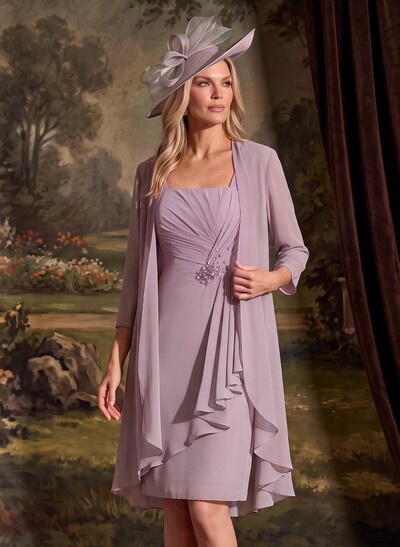 Sheath/Column Square Neckline 3/4 Sleeves Knee-Length Chiffon Mother Of The Bride Dresses With Pleated