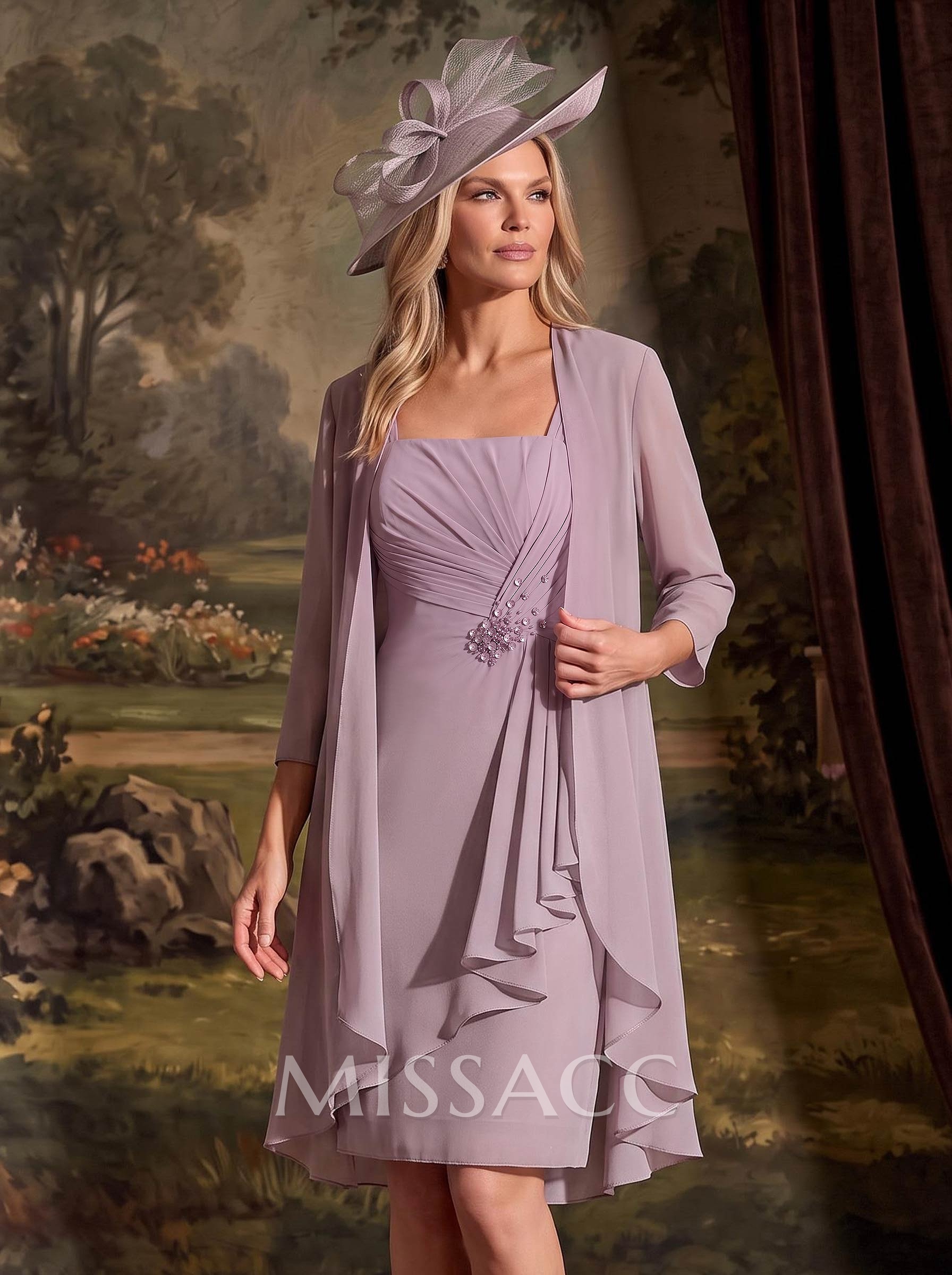 Sheath/Column Square Neckline 3/4 Sleeves Knee-Length Chiffon Mother Of The Bride Dresses With Pleated