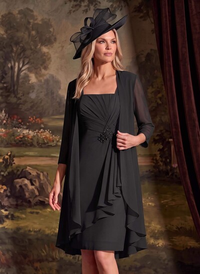 Pleated Chiffon Mother of the Bride Dress, Knee-Length Sheath/Column with Square Neckline and 3/4 Sleeves
