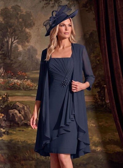 Sheath/Column Square Neckline 3/4 Sleeves Knee-Length Chiffon Mother Of The Bride Dresses With Pleated