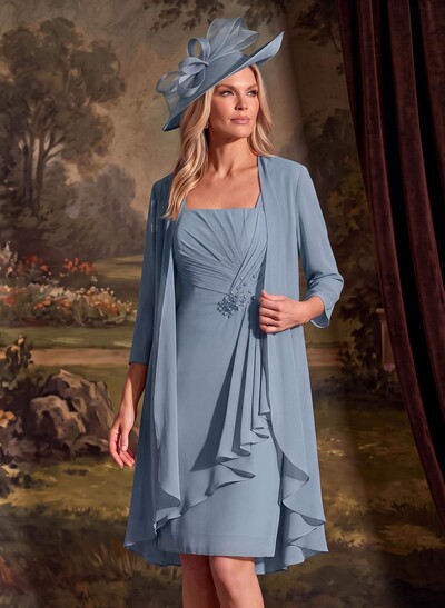 Sheath/Column Square Neckline 3/4 Sleeves Knee-Length Chiffon Mother Of The Bride Dresses With Pleated