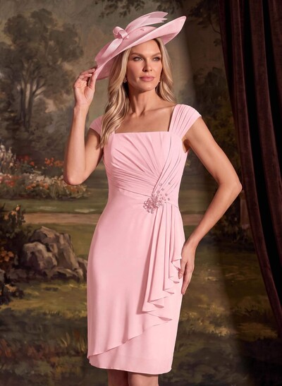 Sheath/Column Square Neckline 3/4 Sleeves Knee-Length Chiffon Mother Of The Bride Dresses With Pleated
