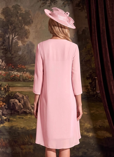 Sheath/Column Square Neckline 3/4 Sleeves Knee-Length Chiffon Mother Of The Bride Dresses With Pleated