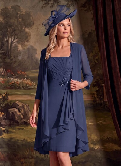 Sheath/Column Square Neckline 3/4 Sleeves Knee-Length Chiffon Mother Of The Bride Dresses With Pleated
