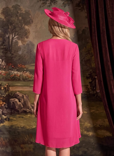 Sheath/Column Square Neckline 3/4 Sleeves Knee-Length Chiffon Mother Of The Bride Dresses With Pleated