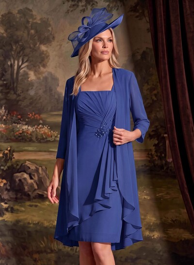 Sheath/Column Square Neckline 3/4 Sleeves Knee-Length Chiffon Mother Of The Bride Dresses With Pleated