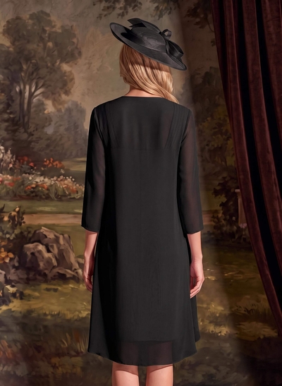 Pleated Chiffon Mother of the Bride Dress, Knee-Length Sheath/Column with Square Neckline and 3/4 Sleeves