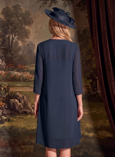 Sheath/Column Square Neckline 3/4 Sleeves Knee-Length Chiffon Mother Of The Bride Dresses With Pleated