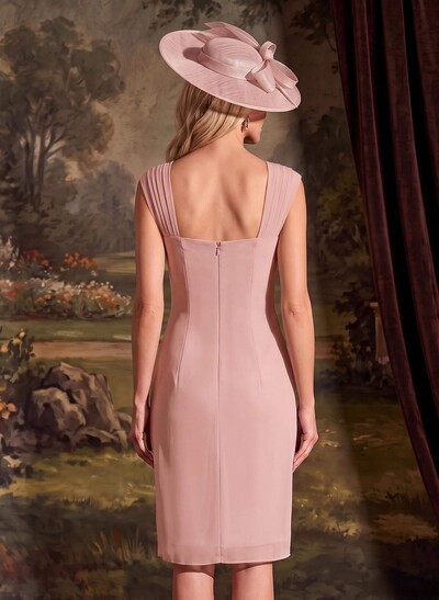 Sheath/Column Square Neckline 3/4 Sleeves Knee-Length Chiffon Mother Of The Bride Dresses With Pleated