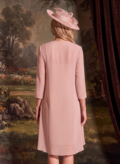 Sheath/Column Square Neckline 3/4 Sleeves Knee-Length Chiffon Mother Of The Bride Dresses With Pleated