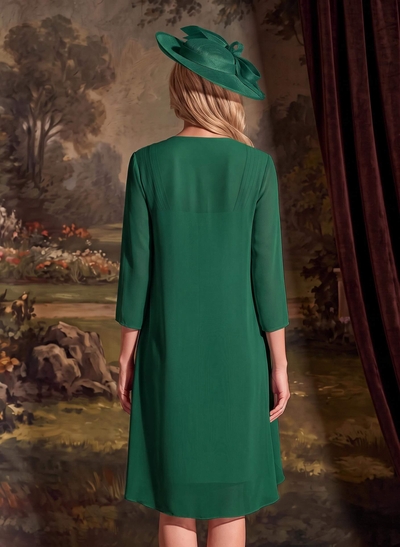 Sheath/Column Square Neckline 3/4 Sleeves Knee-Length Chiffon Mother Of The Bride Dresses With Pleated