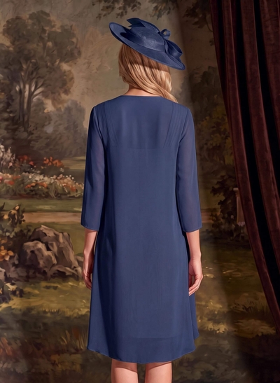 Sheath/Column Square Neckline 3/4 Sleeves Knee-Length Chiffon Mother Of The Bride Dresses With Pleated