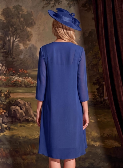 Sheath/Column Square Neckline 3/4 Sleeves Knee-Length Chiffon Mother Of The Bride Dresses With Pleated