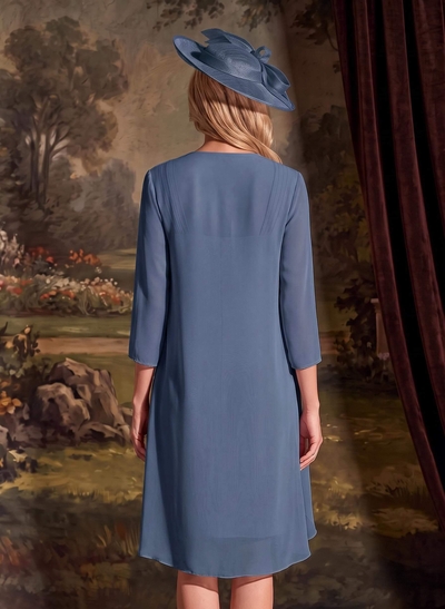 Sheath/Column Square Neckline 3/4 Sleeves Knee-Length Chiffon Mother Of The Bride Dresses With Pleated