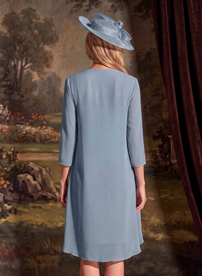 Sheath/Column Square Neckline 3/4 Sleeves Knee-Length Chiffon Mother Of The Bride Dresses With Pleated