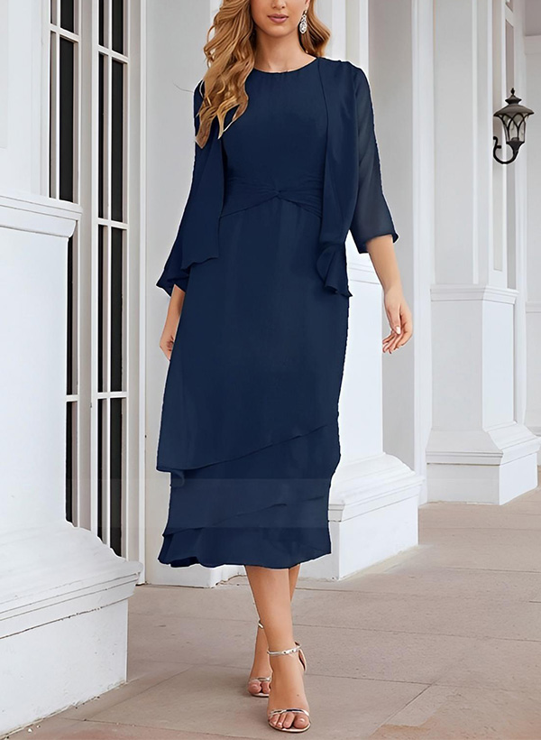 Sheath 3/4 Sleeves Mother Of The Bride Dresses With Chiffon Tea-Length Cascading Ruffles And Jacket